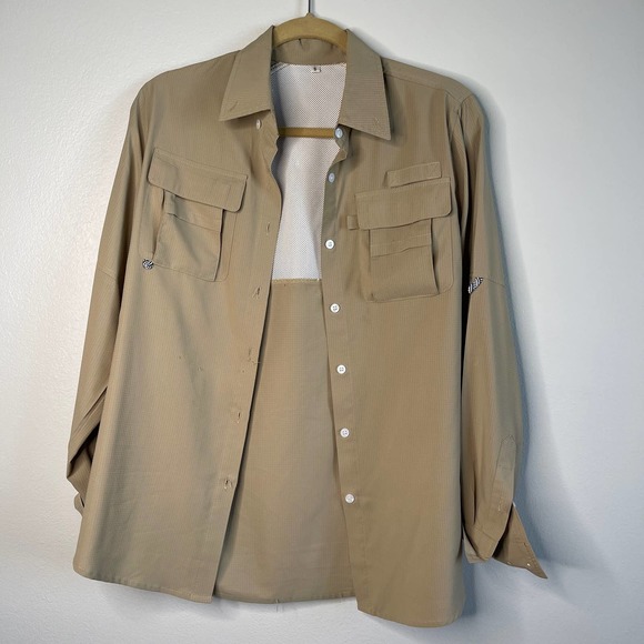 Travel Neutral Khaki Long Button Up Blouse Size Small Vent Army Cargo Pockets - Picture 1 of 9